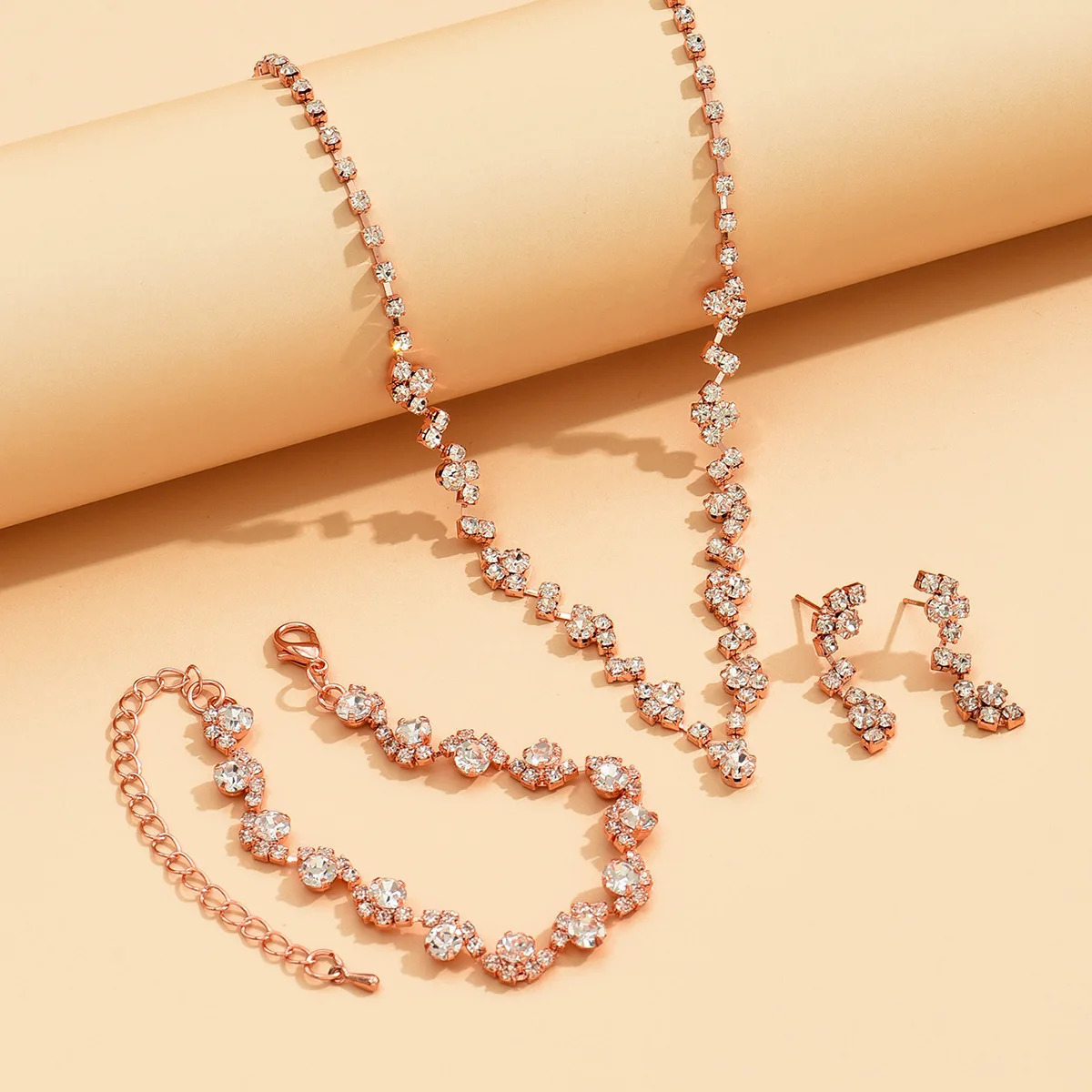 TREAZY rose gold color Rhinestone Wedding for Women Crystal Necklace Earrings Bracelet Bridal Jewelry Sets 250908 Z260313