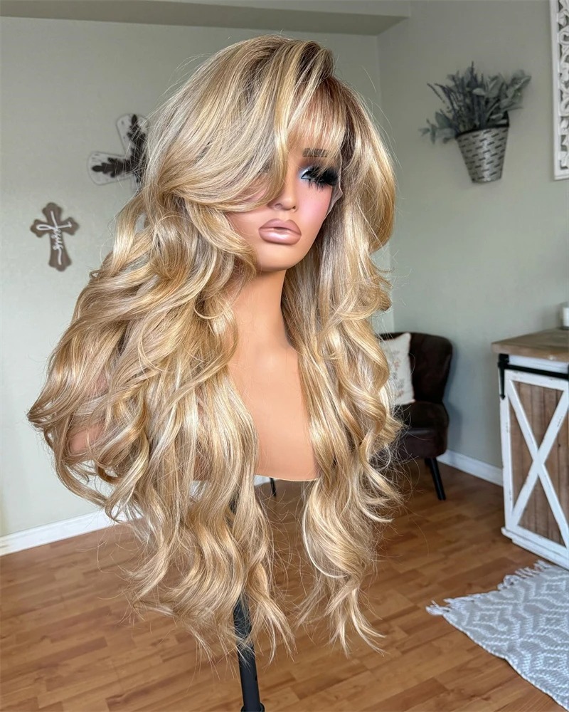 Light Honey Blonde Highlights Ombre Blonde Wig Body Wave Human Hair Wigs with Bangs Glueless Lace Wigs 13x4 Transparent Lace Front Wig For Women