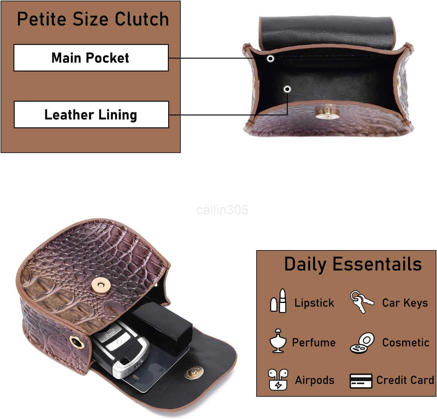 Crocodile Embossed Leather Clutch Tiny Compact Evening Bag for Women Stylish Accessory for Essentials Z25909