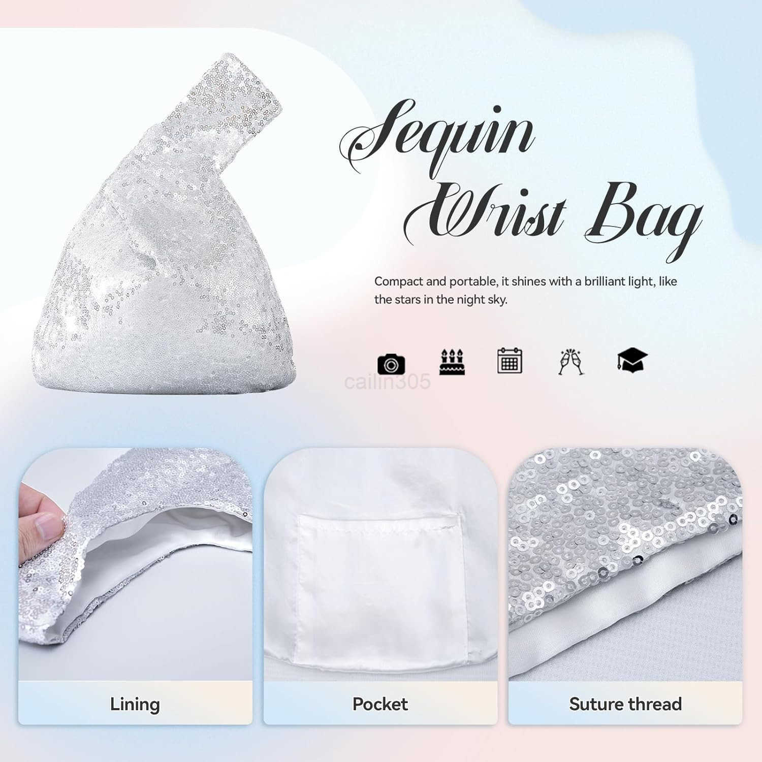 Sequin Evening Bag Wrist Handbag Glitter Clutch Phone Wallet Purse Portable Pouch Z25909