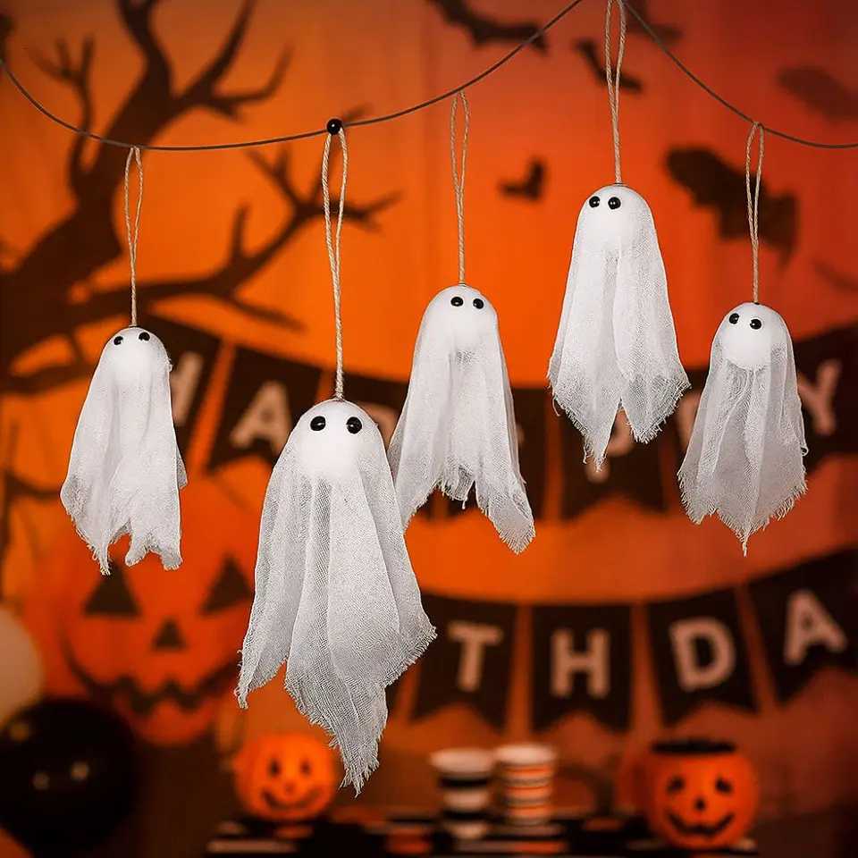 10pcs White Halloween Ghost Gauze Pendant Novelty DIY Spooky Ghost Decor Decorative Ghost Hanging Ornament Porch Decor H250908