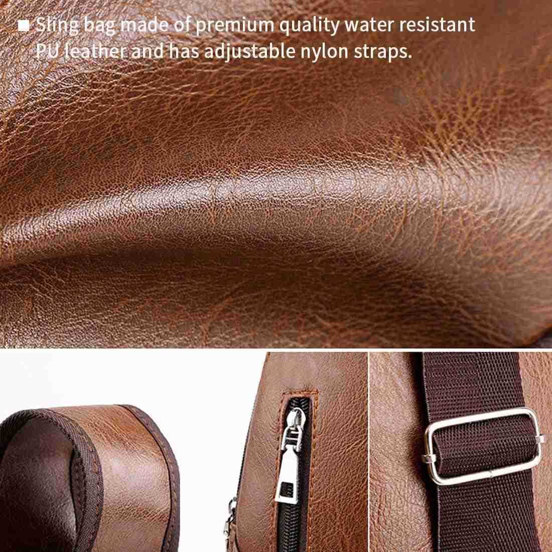Rop Men Sling Bag Anti Theft Shoulder Bag Small Leather Crossbody Sling Backpack with USB Charge Port Brown Z250909