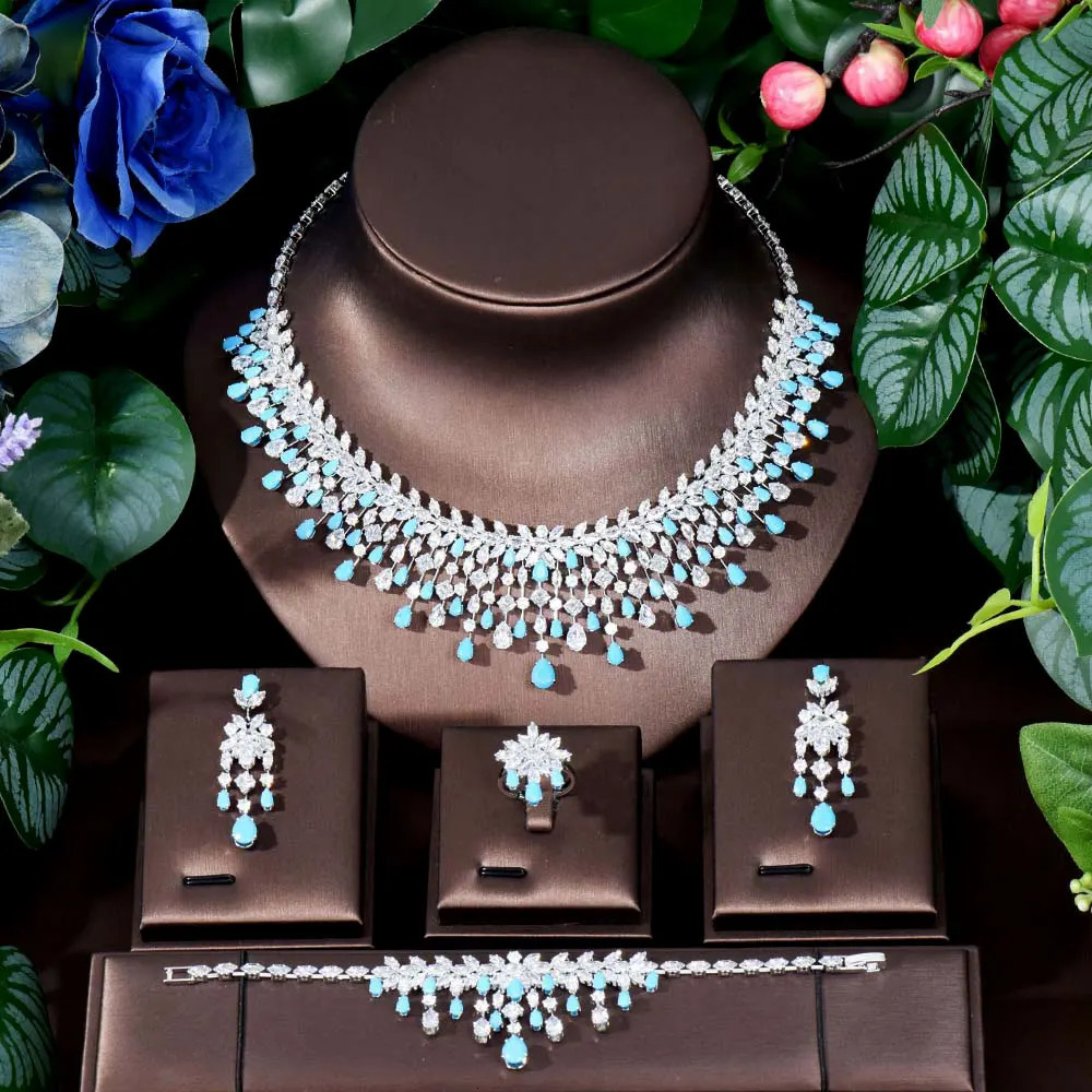 HIBRIDE Dubai jewellery womens set bridal party dress sky blue accessories exaggerated necklace earrings pendant S458 250908