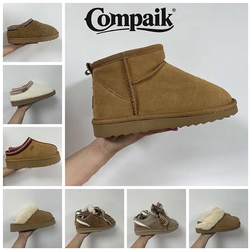 2025 new designer Compaik women's fur slippers ankle boots flat shoes short plush warm folding cotton shoes designer brand winter cotton slipper 