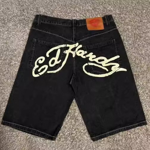 Retro slanted side pocket mens denim shorts InsY2k fashionable loose street and womens hiphop basketball pants 240808