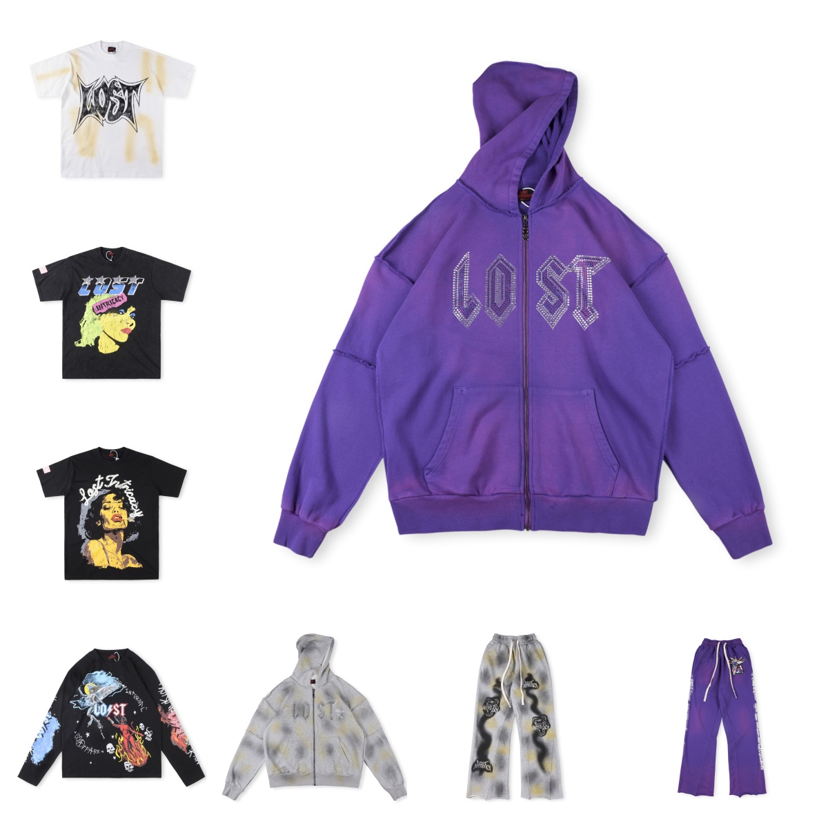 Men's Hoodies Lost Intricacy Diamond Embellish Street Hip-hop Printed Zipper Jacket Hoody Sweatshirts