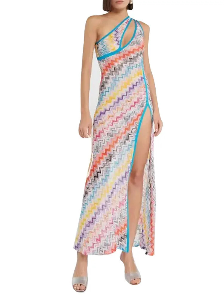 Womens Fashion Wavy Stripe Print Long Dress Sexy Oneshoulder Backless Side Split Maxi Lady Beach Vacation Vestidos 250909