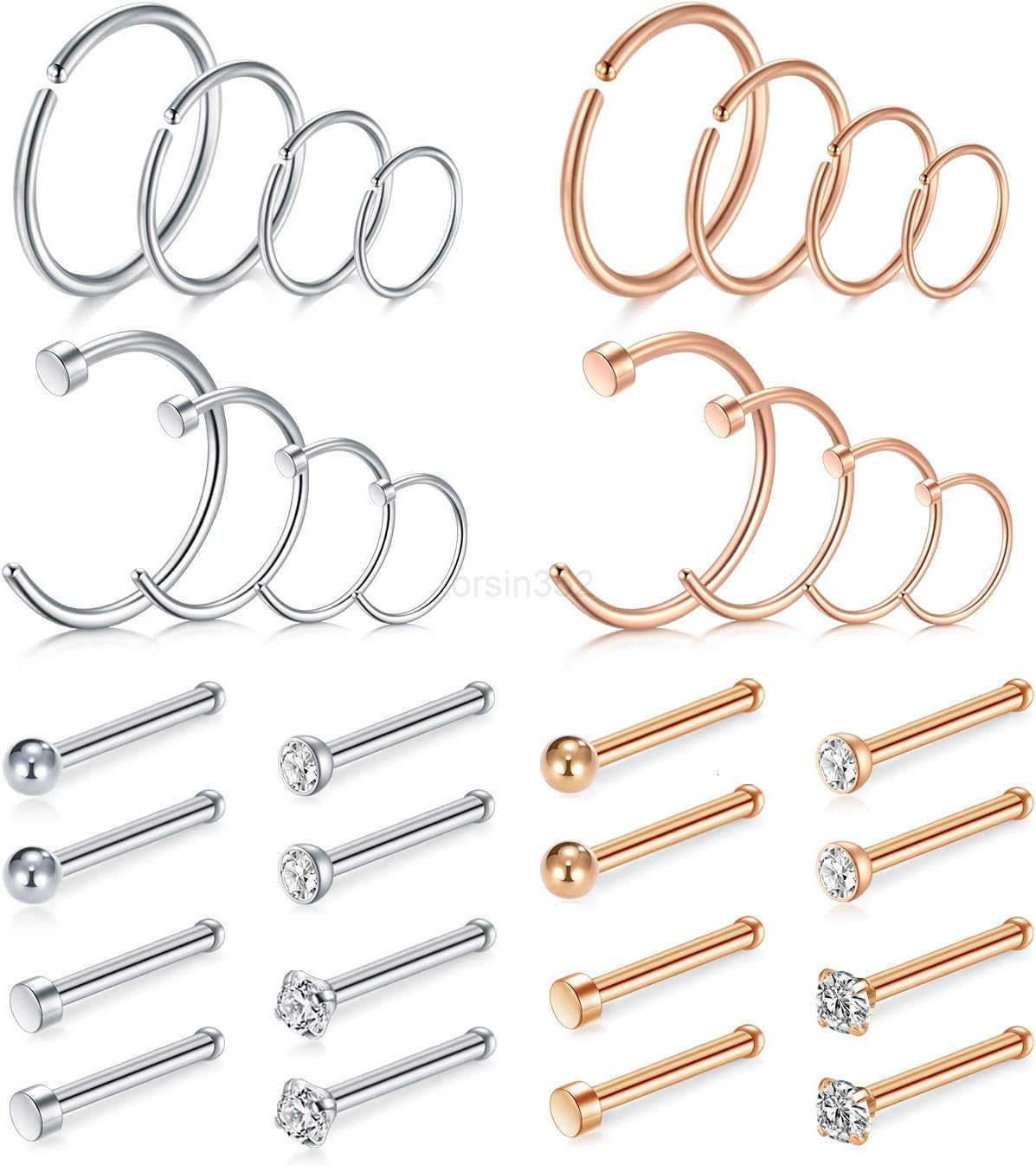 20g Nose Rings Hoops And Studs For Women Men Hypoallergenic 316L Surgical Stainless Steel L Shape Nose Screw Bone Silver Rose Gold Black Rainbow Pack 