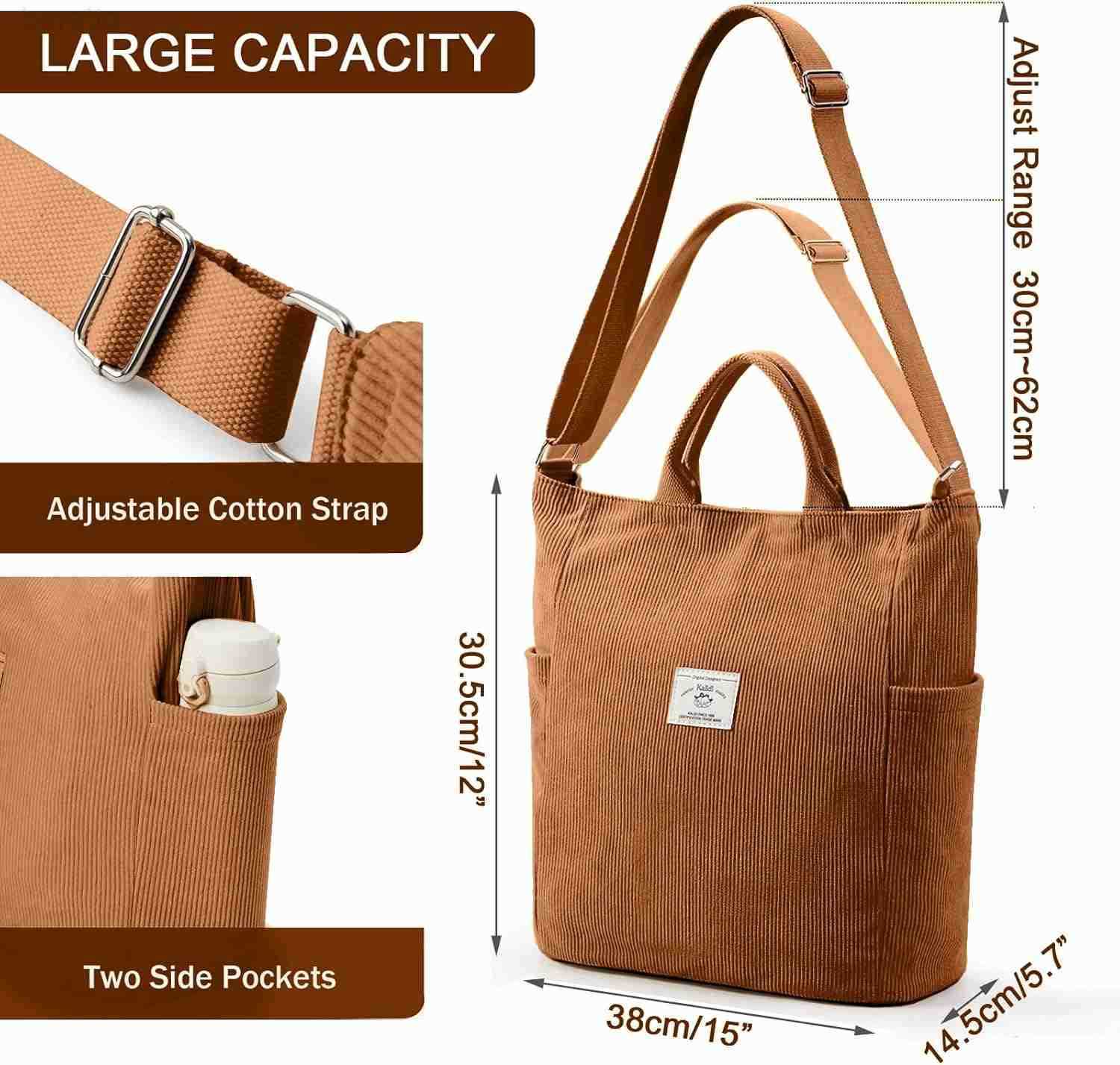 Corduroy Tote Bag Large Messenger Bag Shoulder Hobo Anti Splash Crossbody Zipper Bag Casual Work Shopping Women Z250909