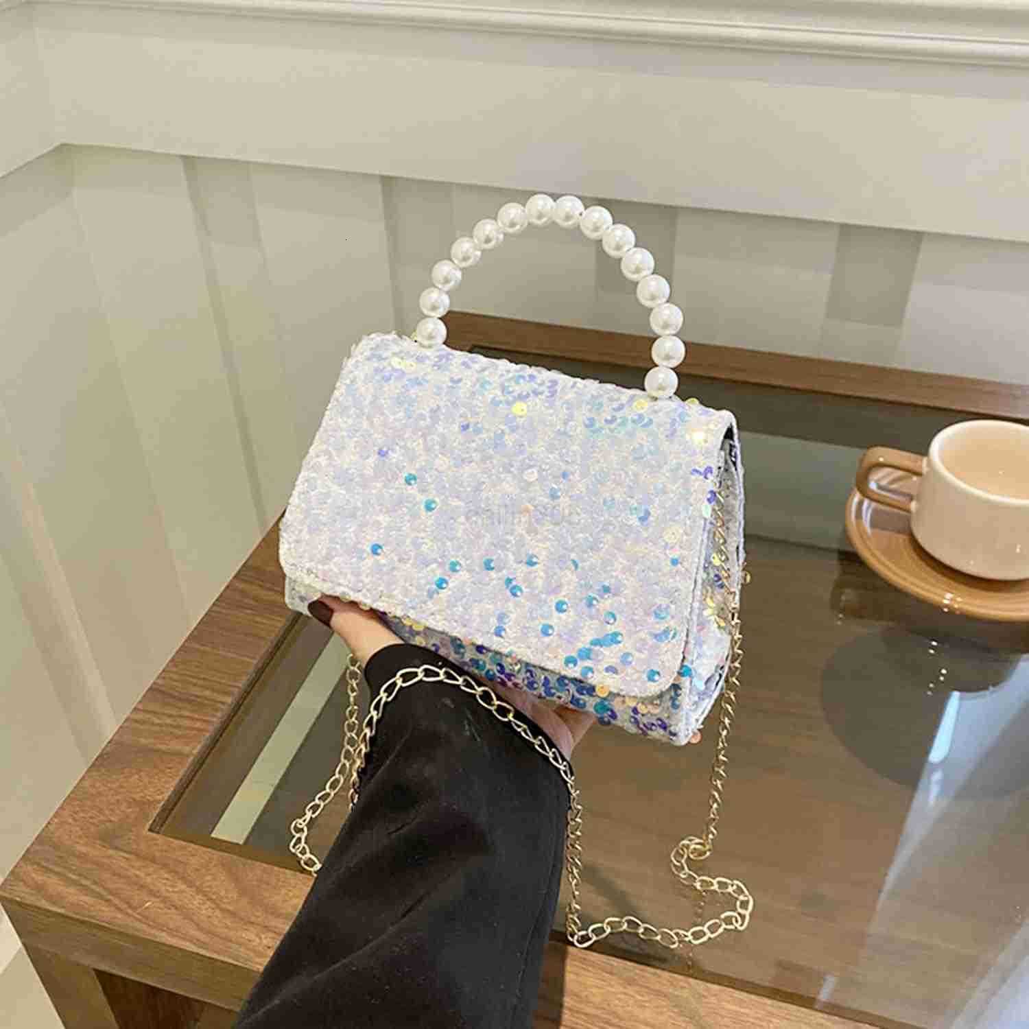 Bag for Women Sequin Pearl Handles Clutch Purses Crossbody Bag for Wedding Prom Parties TravelWhite Z25909