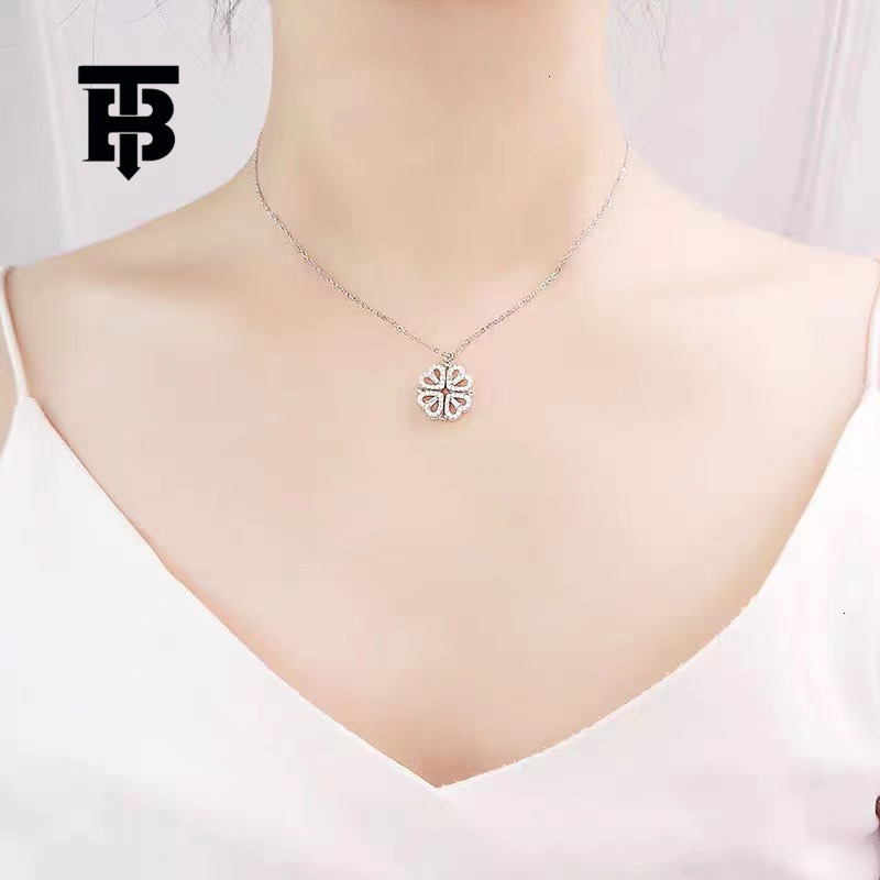 TB BHULAMTE Free Shipping New Designer Accessories Sterling Silver Heart Clover Open And Close Foldable Two-way Necklace Full Diamond Light Luxury Cla