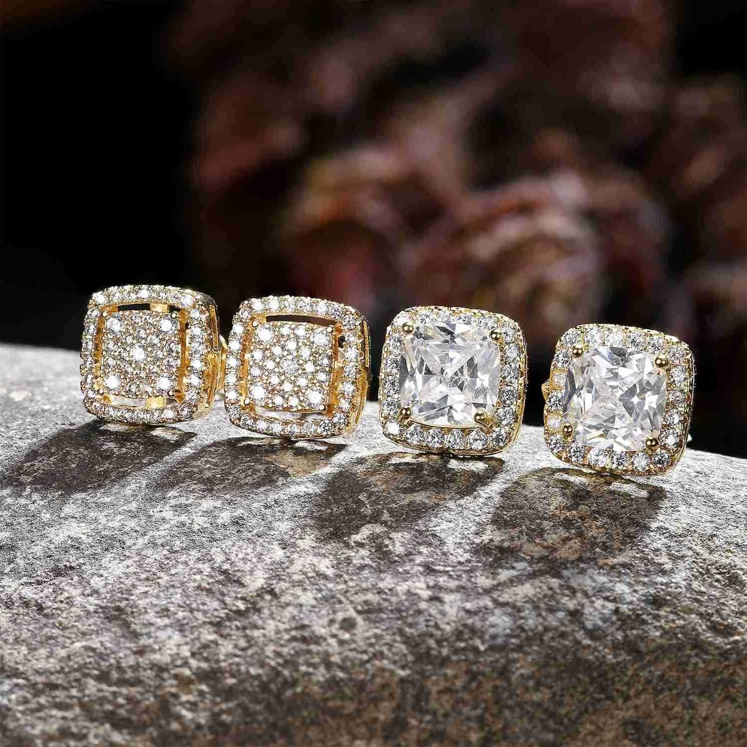 Cubic Zirconia Stud Earrings for Men Women 14K Gold Plated Hypoallergenic 925 Sterling Silver Post Earrings Set Iced Out Round Square CZ Studs Simulat