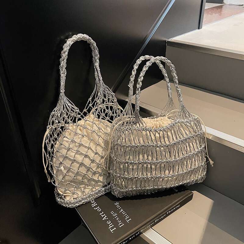 Shiny Korean INS Gold And Silver Thread Holiday Hollow Crochet Woven Personality Beach Handheld Basket Bag For Women