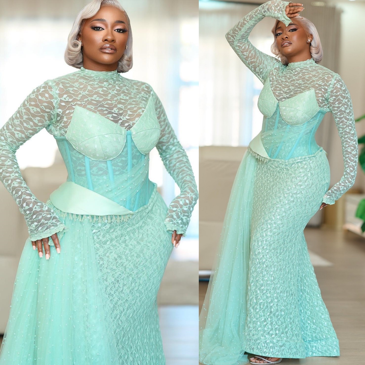 Mint Mermaid Prom Dresses 2025 Lace Pearls Full Sleeves Vintage Evening Formal Party Second Birthday Engagement Gowns Plus Size Dress For Special Occa