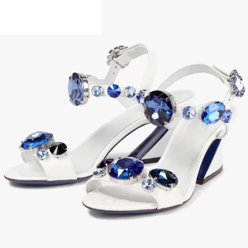 heels sandals Summer New designer shoes Bohemia Rhinestone Thick Heel Sandals Fashion Open Toe Print Gemstone Buckle Strap Dress High Heels Ladies 6Cm
