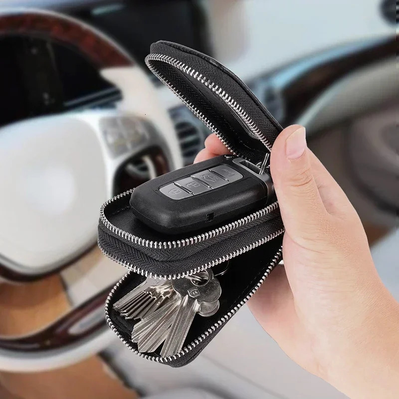 Doublelayer Zipper Car Key Bag Lychee Pattern Top Layer Cowhide Key Bag Genuine Leather Key Chain Large Capacity Unisex KeysBag 250909