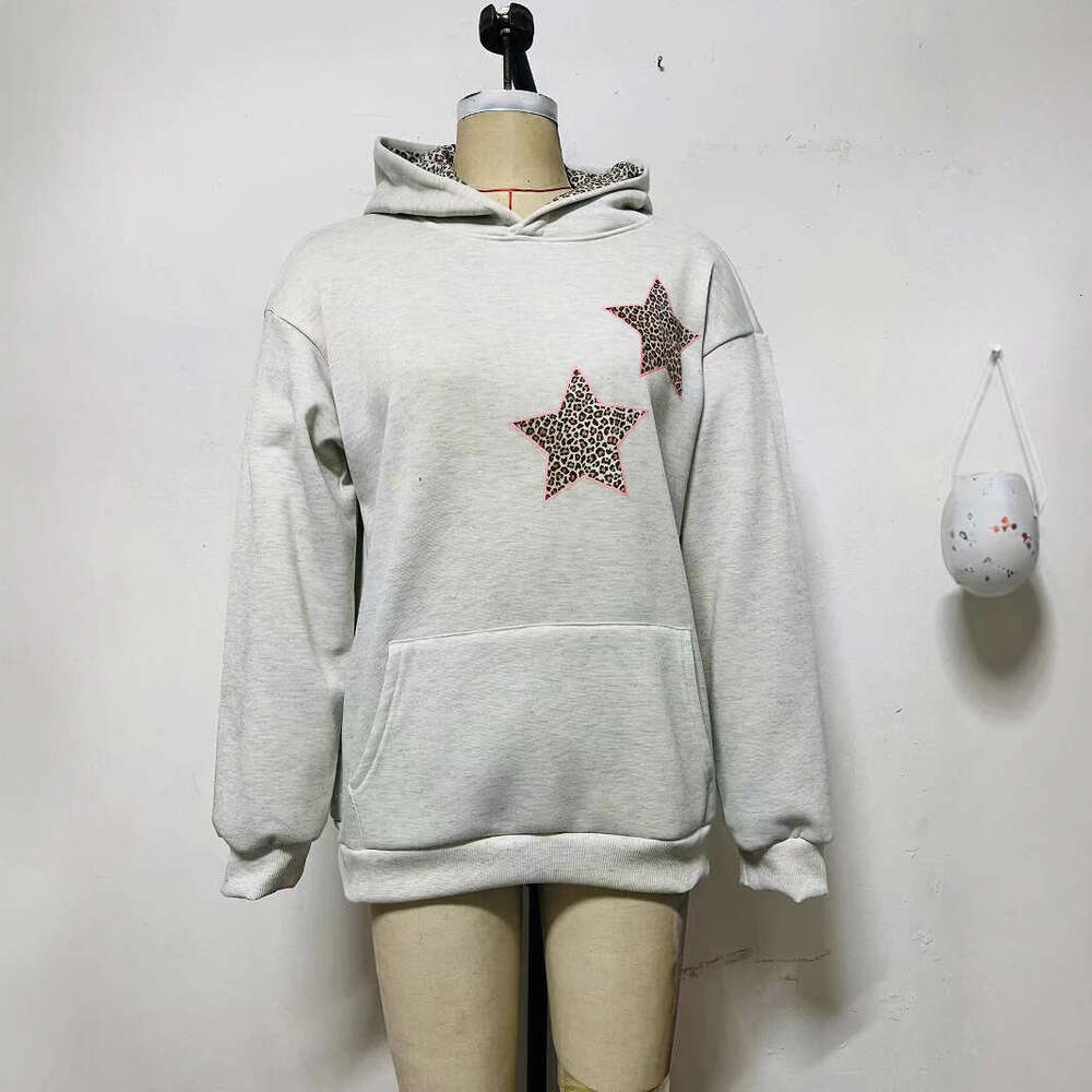 European and American Simple Gray Leopard Print Five-Pointed Star Loose Hooded Sweatshirt for Girls Basic Versatile Autumn Winter Pullover Top
