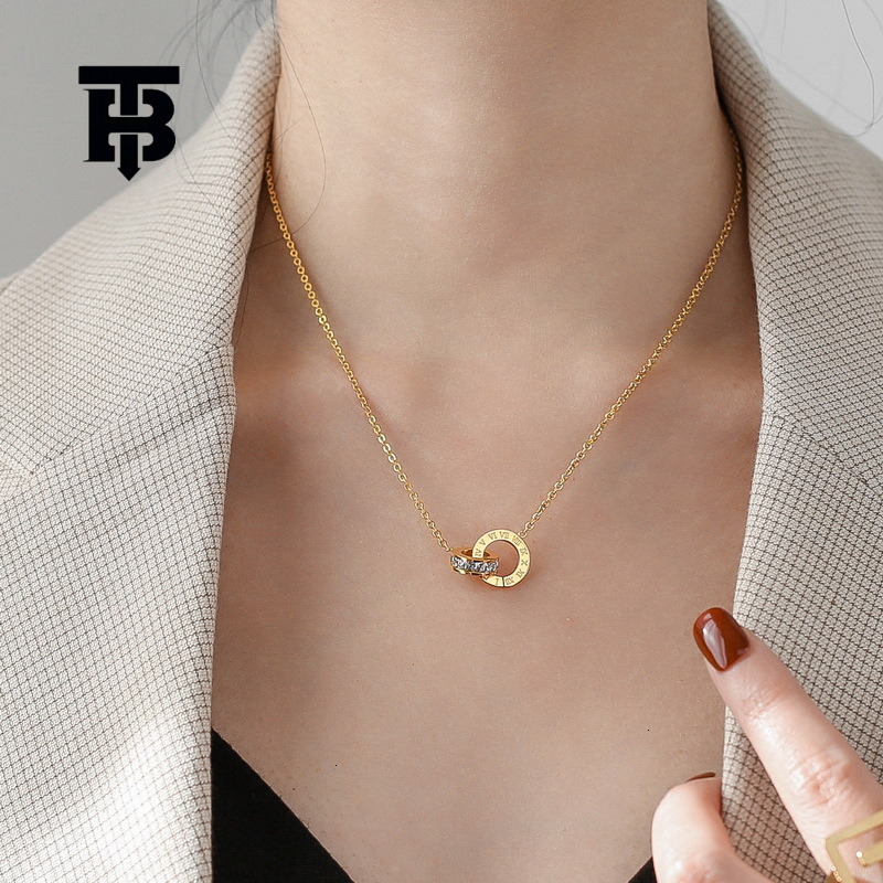 TB BHULAMTE Free Shipping Brand New Designer Accessories Non Fading Double Ring Cylindrical Pendant Necklace Women's Personalized Collarbone Chai