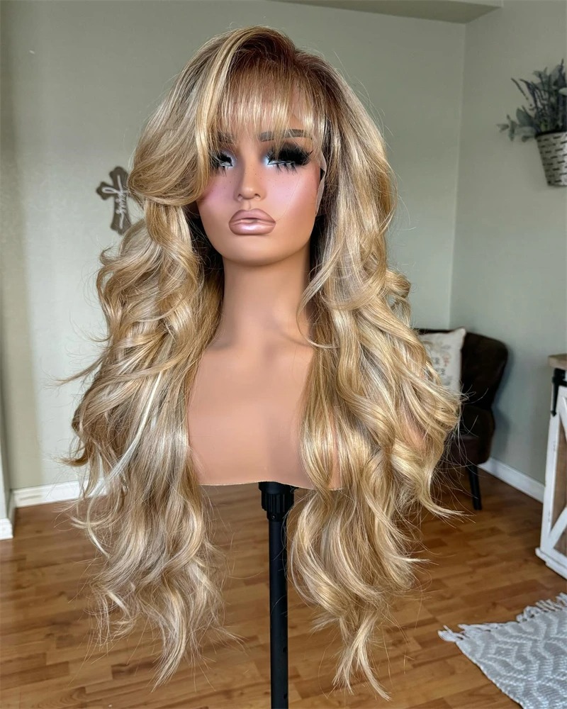 Light Honey Blonde Highlights Ombre Blonde Wig Body Wave Human Hair Wigs with Bangs Glueless Lace Wigs 13x4 Transparent Lace Front Wig For Women
