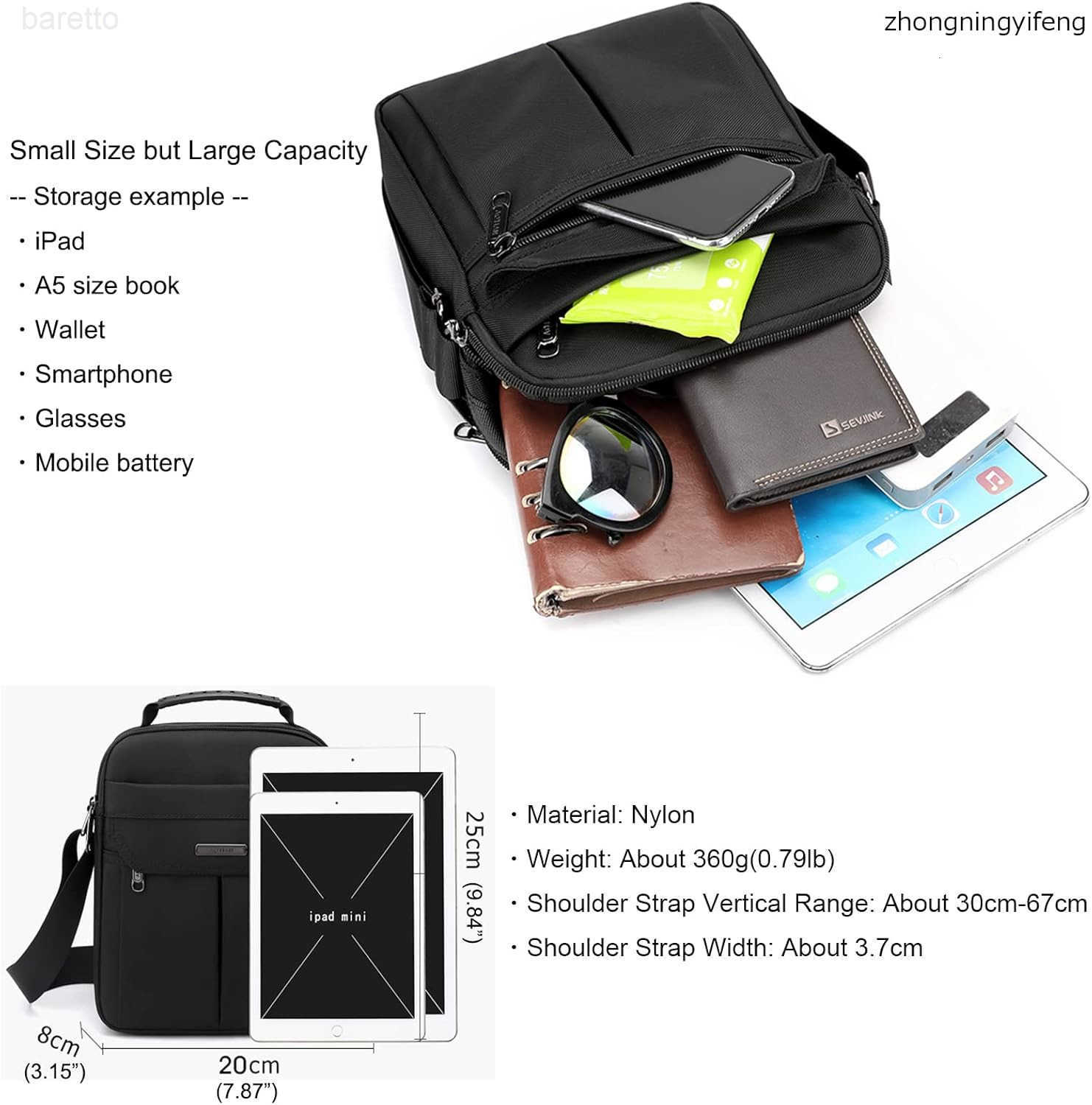 Mens Messenger Bag Small Nylon Crossbody Shoulder Bag Waterproof Casual Black Purse for Work Travel Z250909