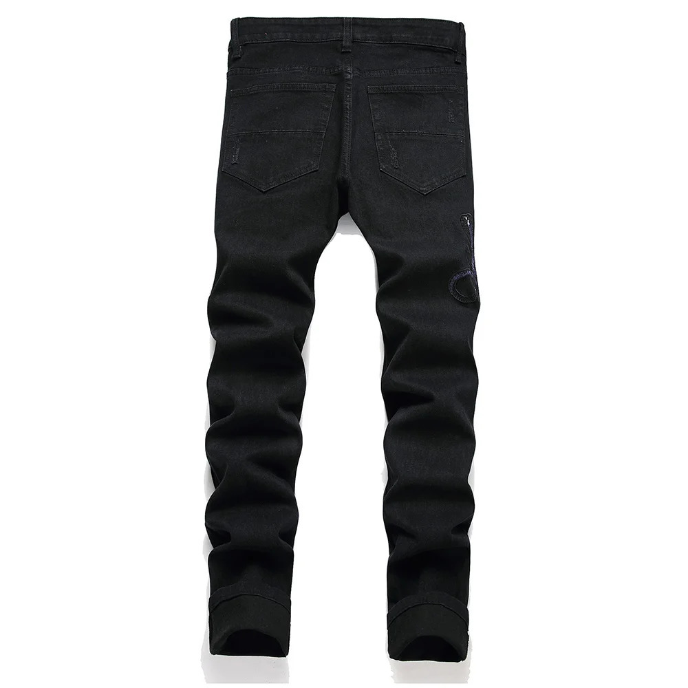 Men Snake Embroidery Jeans Streetwear Black Stretch Denim Pants Holes Ripped Distressed Slim Straight Trousers 250909