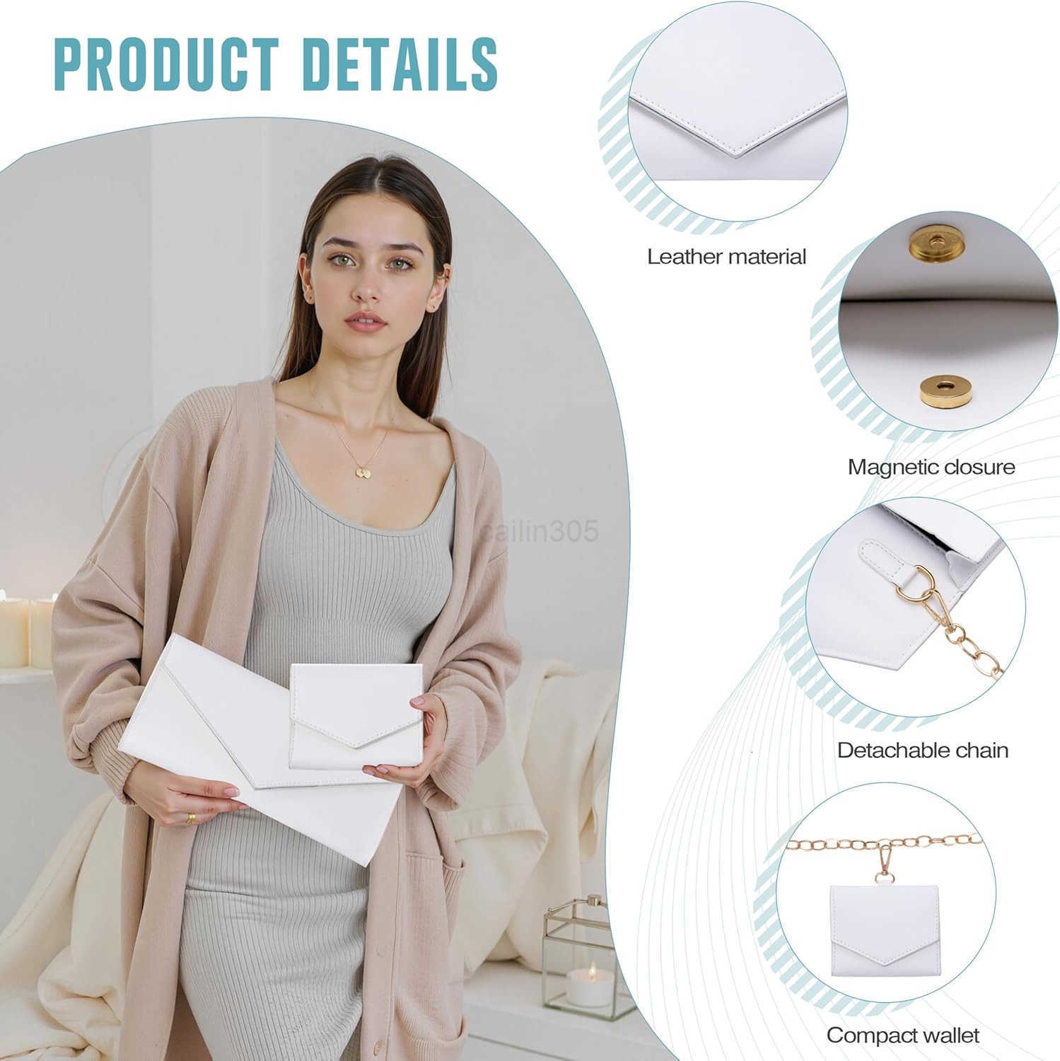2Piece Envelope Clutch Purse Set wChain Strap Wallet Leather Womens Crossbody Shoulder Evening Party Handbag Z25909