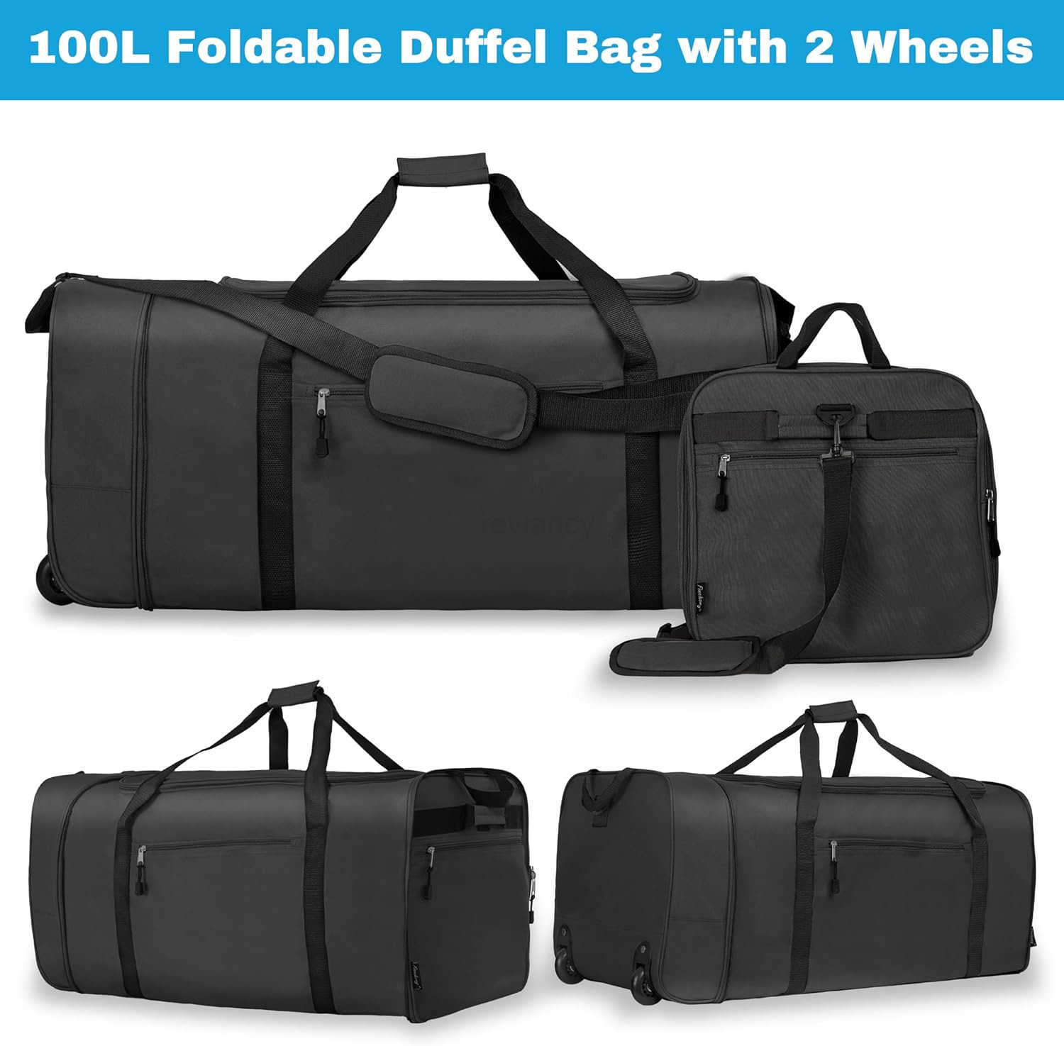 100L Foldable Rolling Duffel Bag with 2 Wheels Light Weight Travel Duffel bag with Large Loading Capacity 32 inch Rolling Duffel bag with Shoulder Str