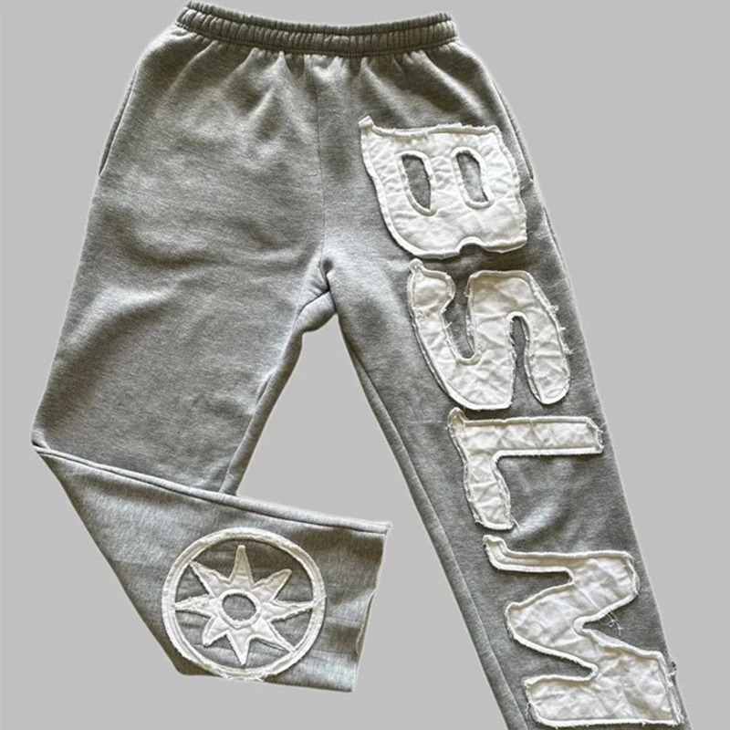 United States Spring Loose Straight Women Casual Letters Embroidered Flowers High Street Fashion Elastic Waist Casual Pants 250818
