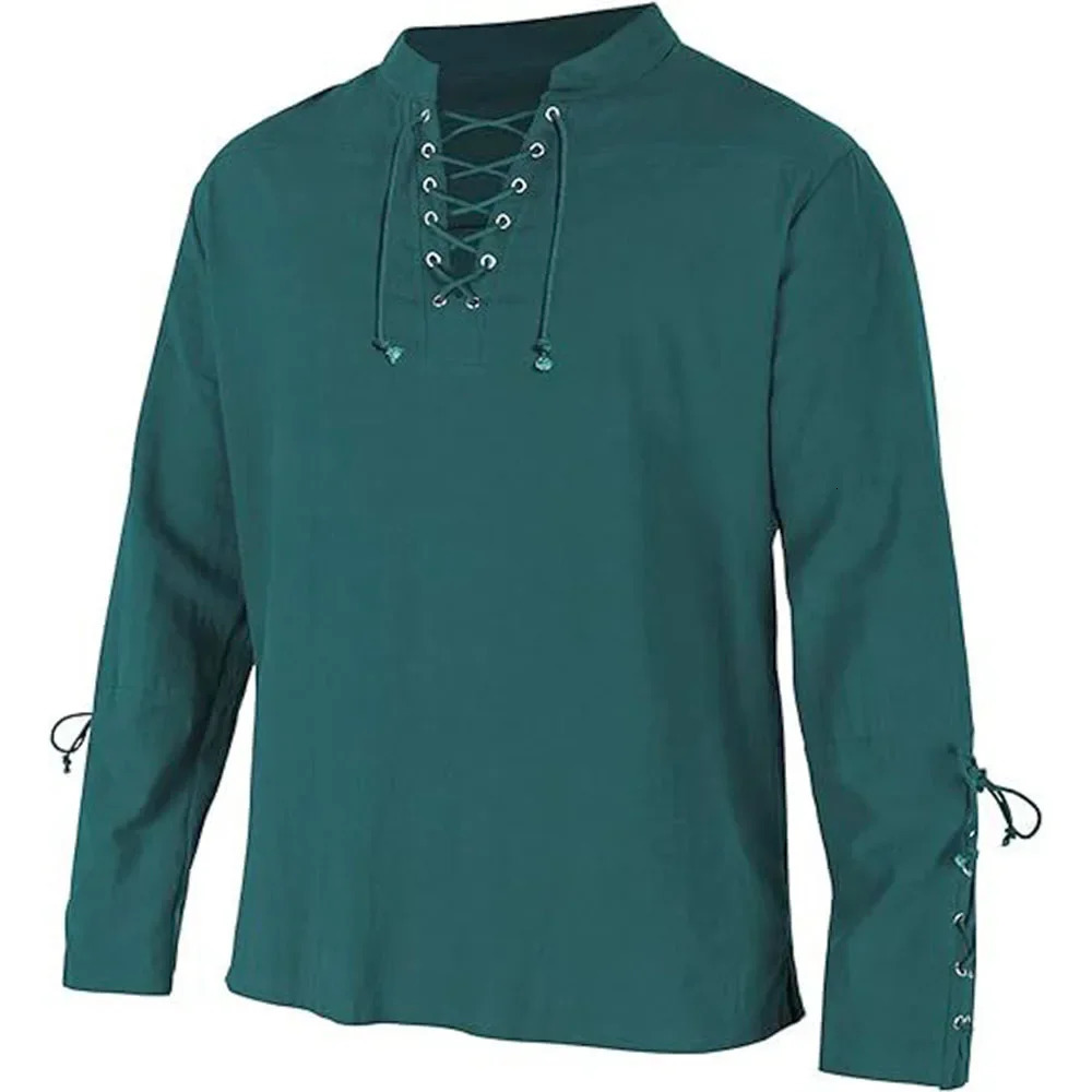 Mens Long Sleeve Shirts Lace Up Vneck Cuff Medieval Pirate Dress Up Streetwear Halloween Gothic Punk Style Mens Clothing 250909