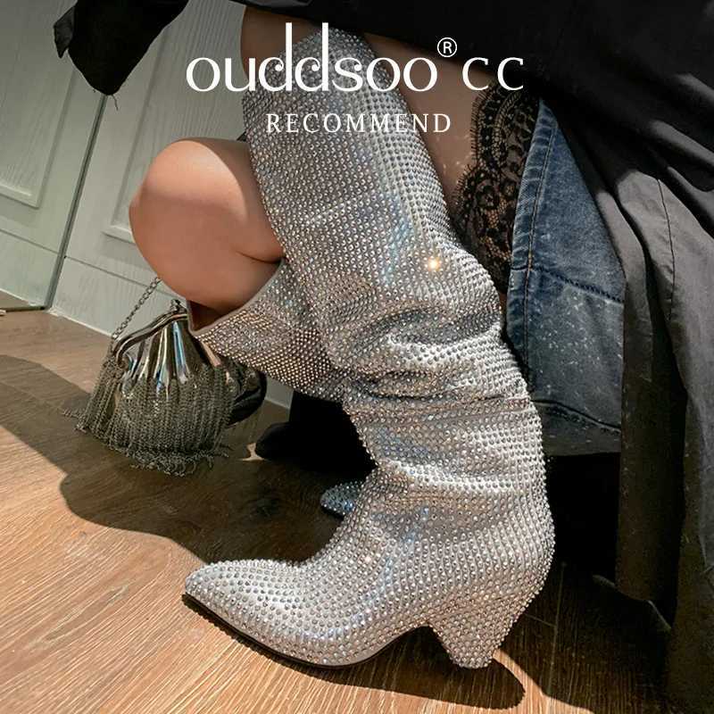 Ods Sexy Bling Silver Crystal Knee High Chunky Womens Designer Stacked Cowboy Boots Rhinestone Glitter Shoes 41jc43 Z250909