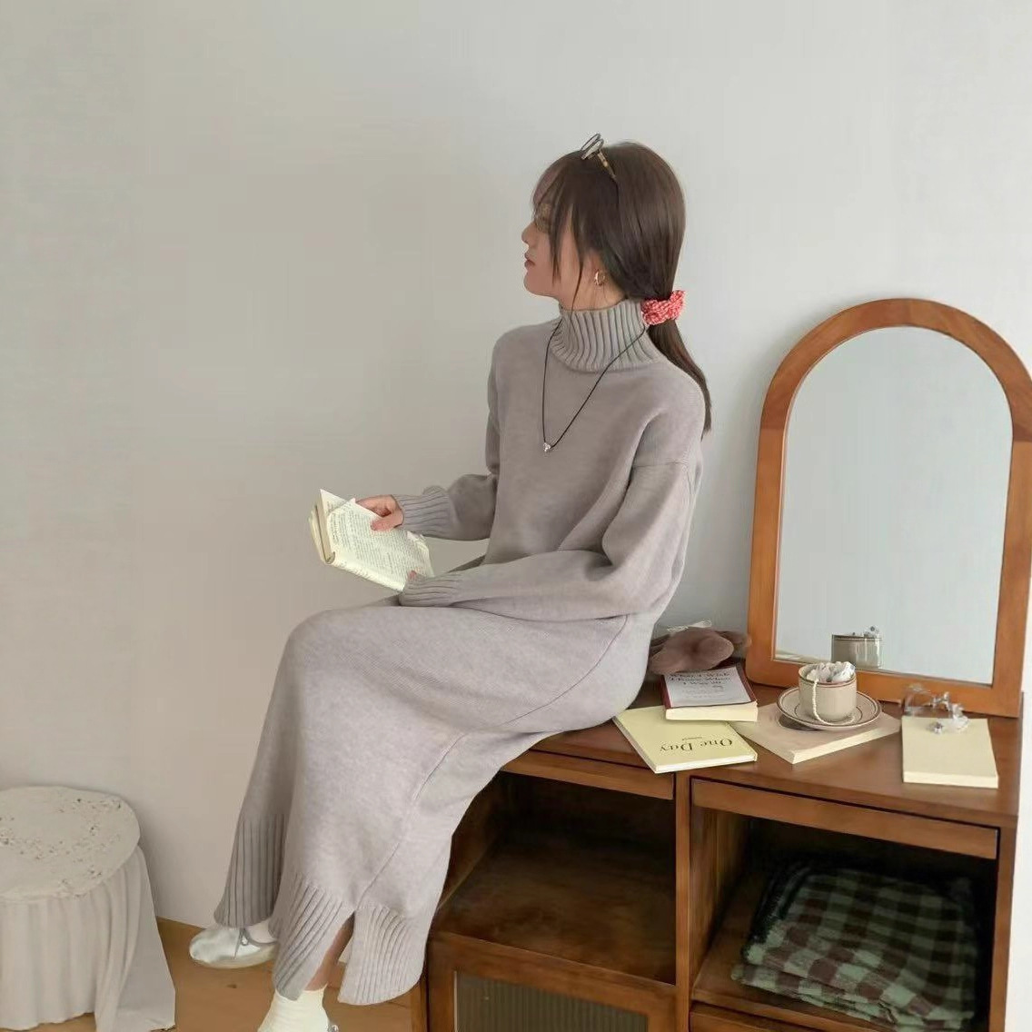 K93New half-high collar side slit loose lazy style long sleeve thick solid color knitted long skirt for women
