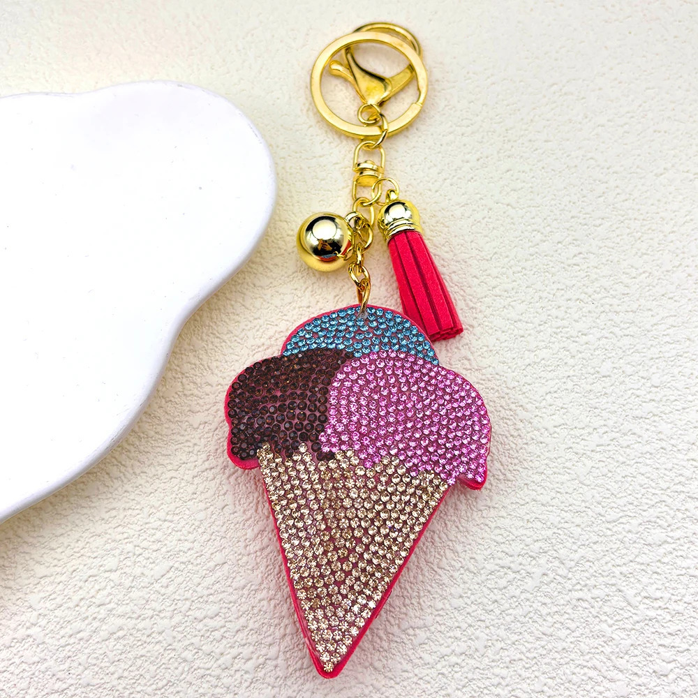 Sweet Three Balls Ice Cream Keychain For Women Men Tassel Rhinestone Pink Female Summer Bag Charm Hanging Kerholder Jewelry 250909