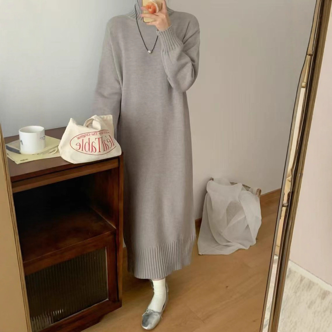 K93New half-high collar side slit loose lazy style long sleeve thick solid color knitted long skirt for women