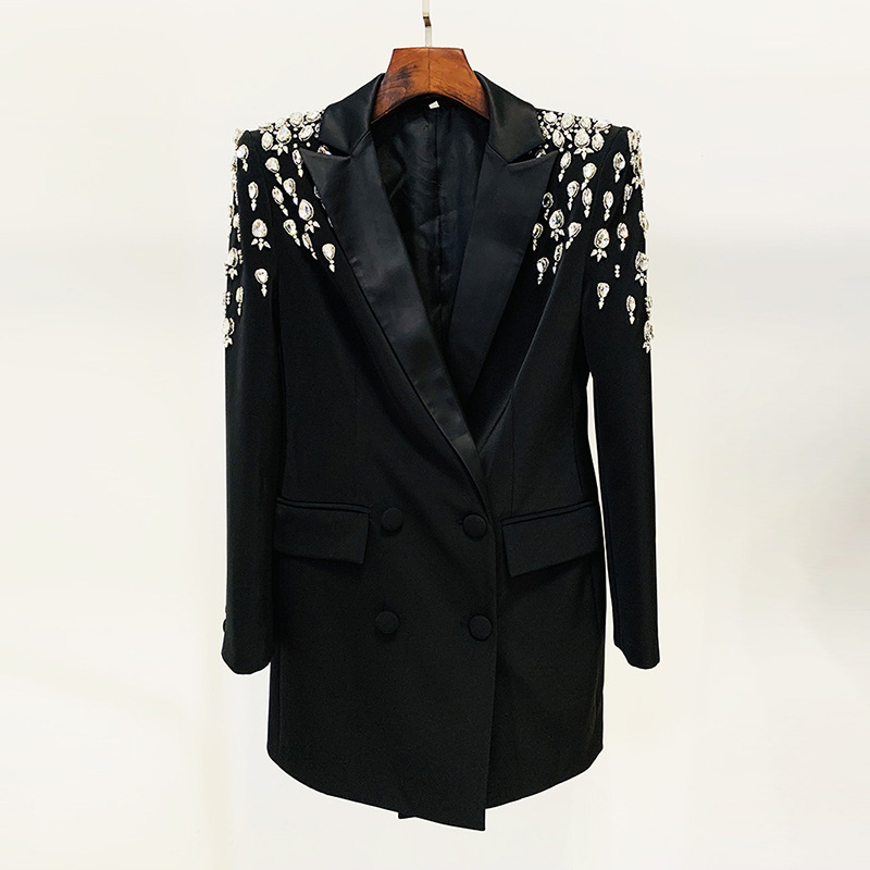 High Quality New Designer Women Blazer Jacket Rhinestone Beading Blazers Female Autumn Winter Black White Slim Long Office Business Suit Coats SP902
