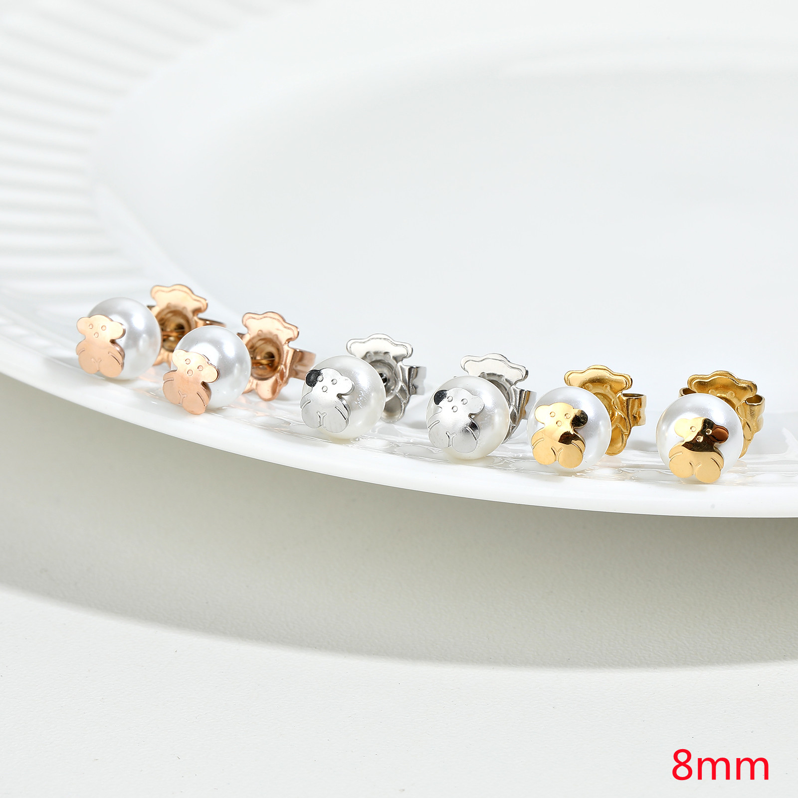 Fashion Women Men Silver Rose Gold Stainless Steel Span Bear Round White Pearl Blue Black Pink Stud Earrings Jewelry