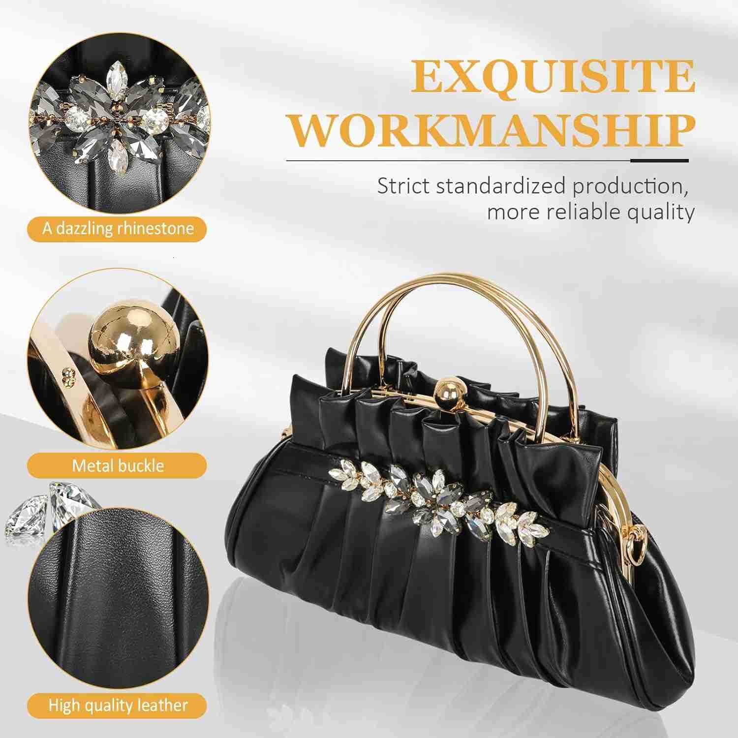 Rhinestone Evening Bags Womens Pleated Clutch Purses Vintage Leather Handbags Z25909