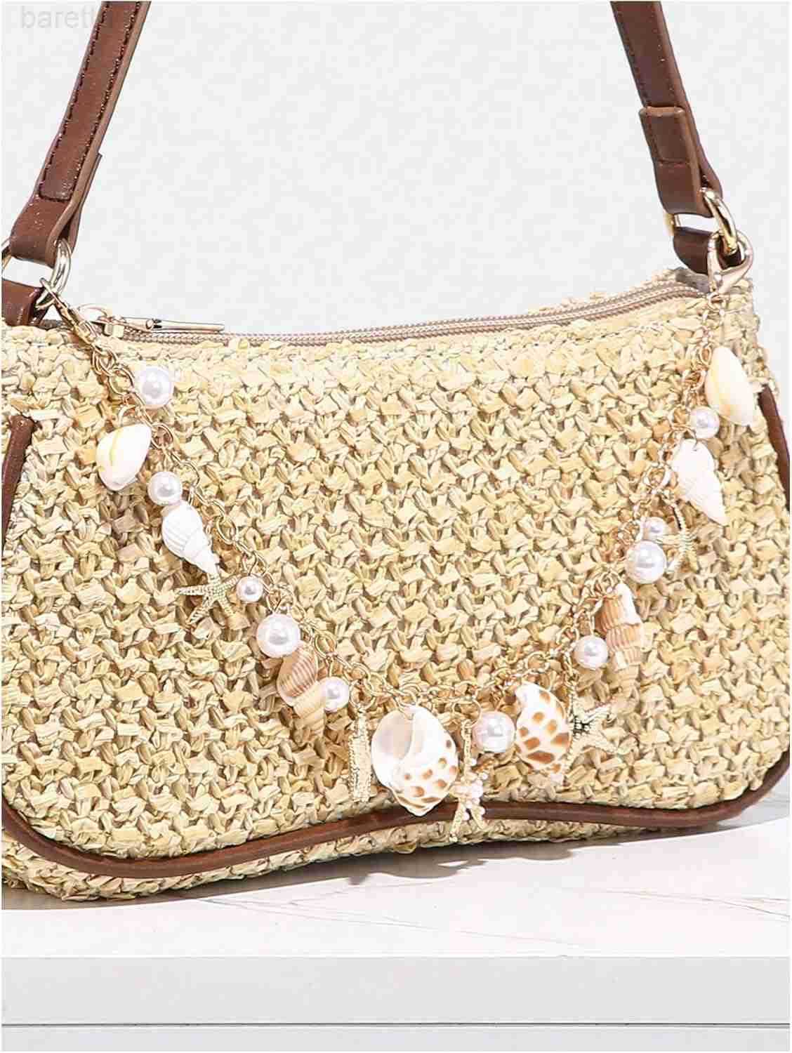 Womens Boho Seashell Pearl Beaded Straw Bags Zipper Single Strap Underarm Purses Z250909