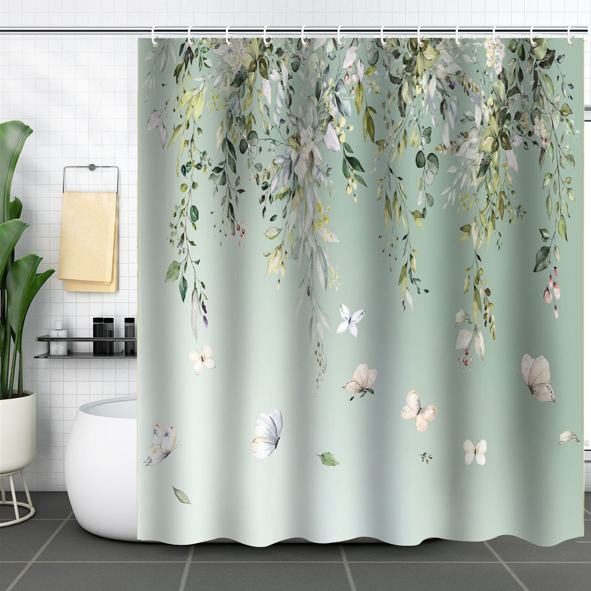 YL-37237 digital shower curtain cross-border plant flower waterproof polyester bathroom four-piece set dry and wet separation moisture-proof