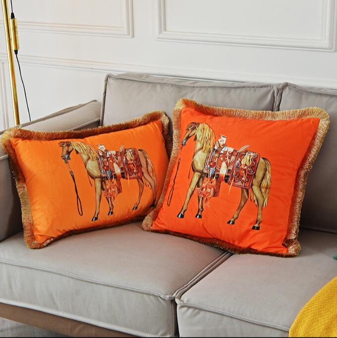 Designer Luxury European American Luxury Printed Cushion Cover Horse Pattern Velvet Pillowcase Lumbar Pillow Cover Tassel Edge