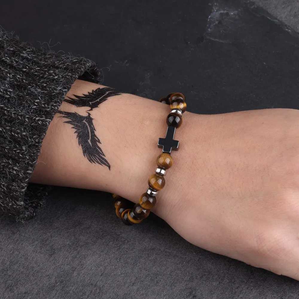 Natural Stone Bracelets Hematite Cross Pendent 8mm Tiger Eye Black Onyx Lava Howlite Bead Elastic Rope Bracelet For Men GiftXJ250909