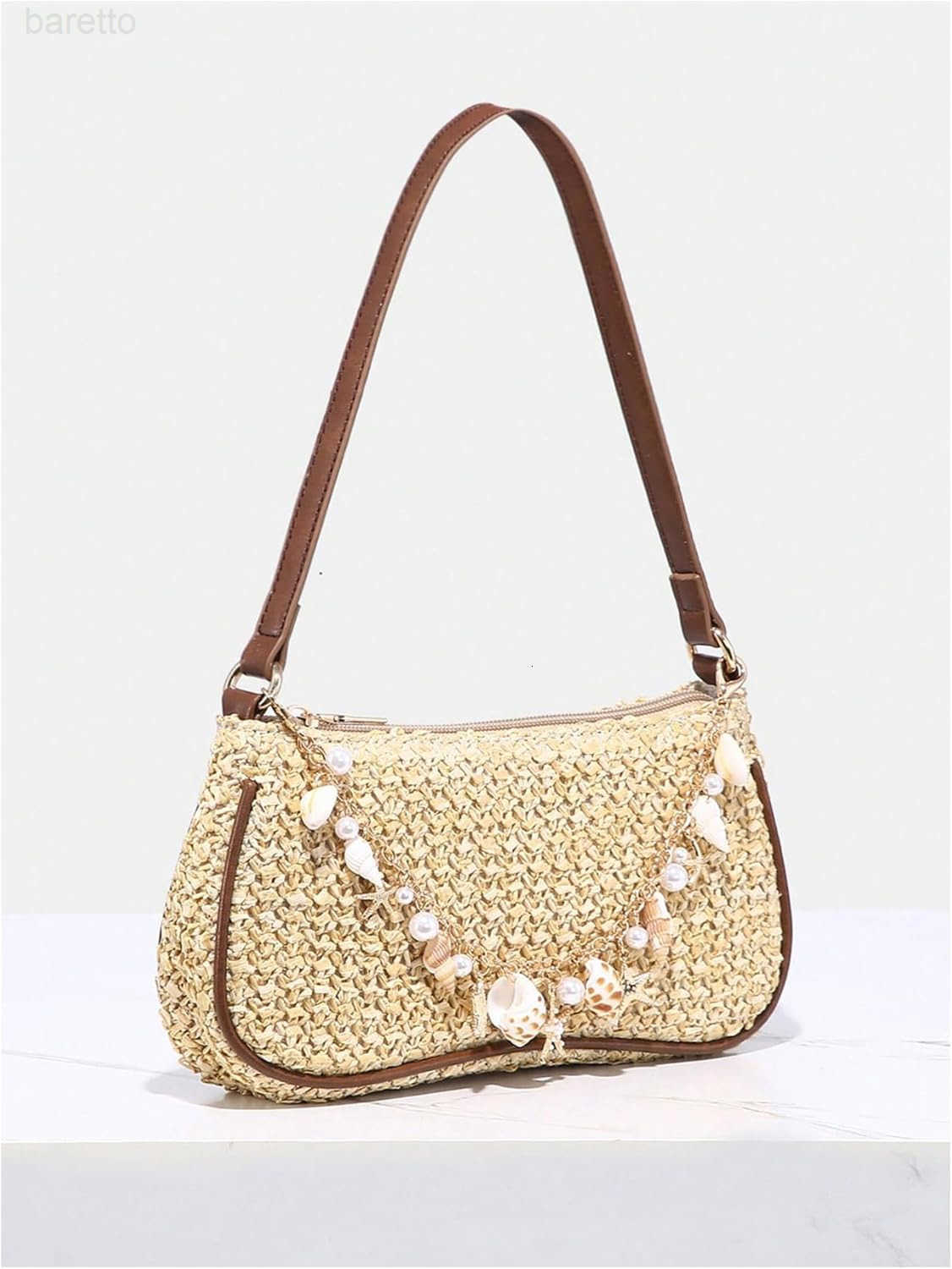 Womens Boho Seashell Pearl Beaded Straw Bags Zipper Single Strap Underarm Purses Z250909