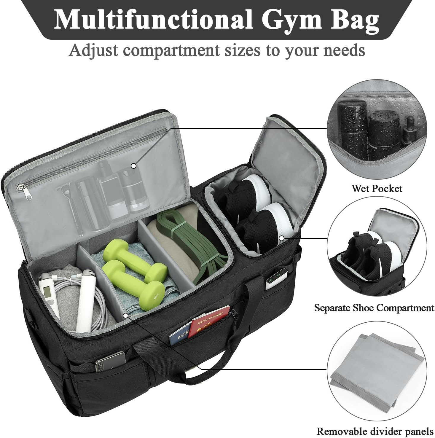 Gym Bag for Men Women Tactical Travel Duffel bag with Removable Dividers Shoe Compartment Weekender Carry on Bag with Toiletry Bag Overnight Range Bag