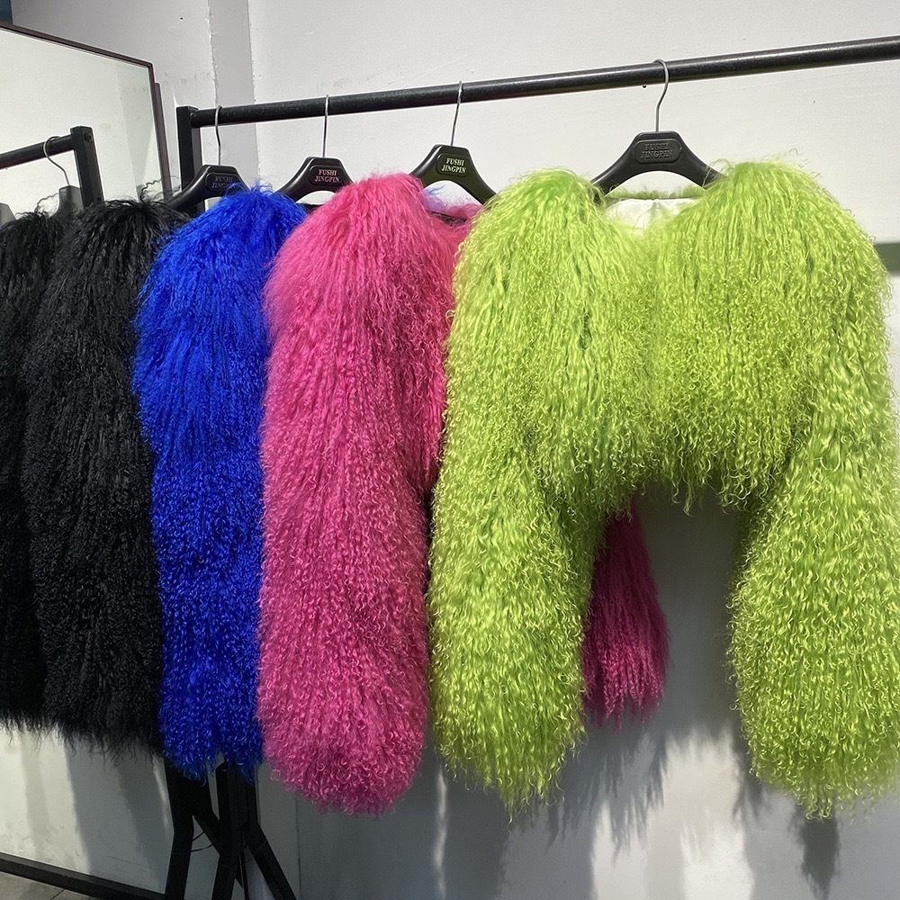 2025 Plus Size 8XL Womens Real Mongolia Sheep Fur Jacket Cropped Jacket Streetwear