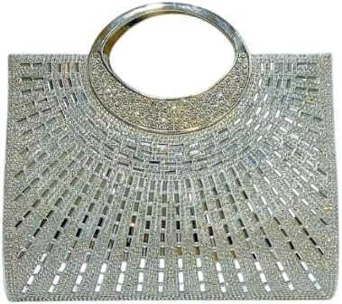 Crystal Silver Bling Rhinestone Sequin Clutch Purse Evening Bag for Women Wedding Formal Handbag with Round Handle Elegant Party Cocktail Glitter Occa