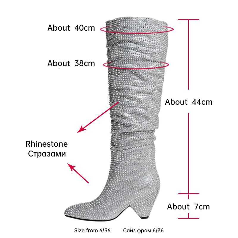 Ods Sexy Bling Silver Crystal Knee High Chunky Womens Designer Stacked Cowboy Boots Rhinestone Glitter Shoes 41jc43 Z250909