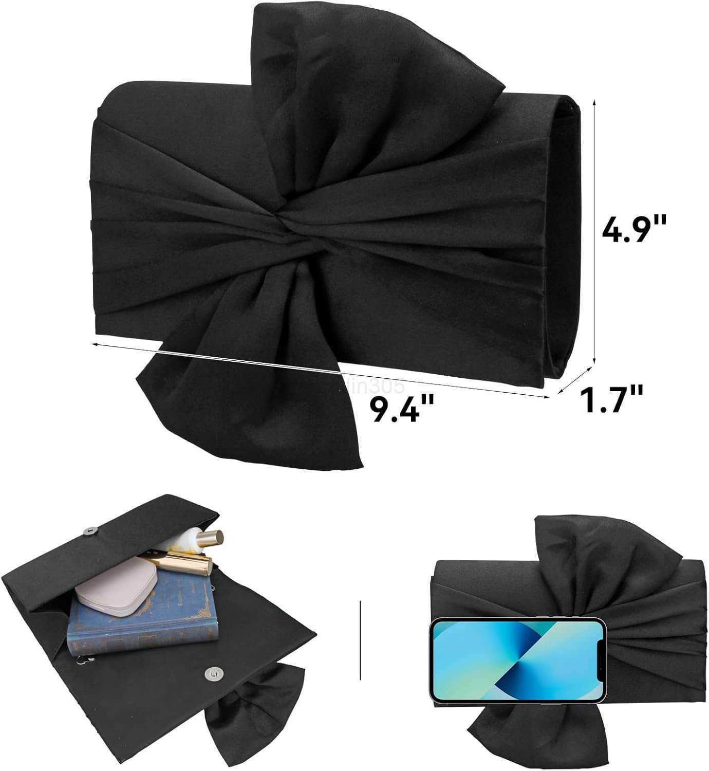 Womens Clutch BagPleated Satin Handbag Lady Pleated Bow Purse Evening Bag with Chain for Wedding Prom Formal Party Z25909