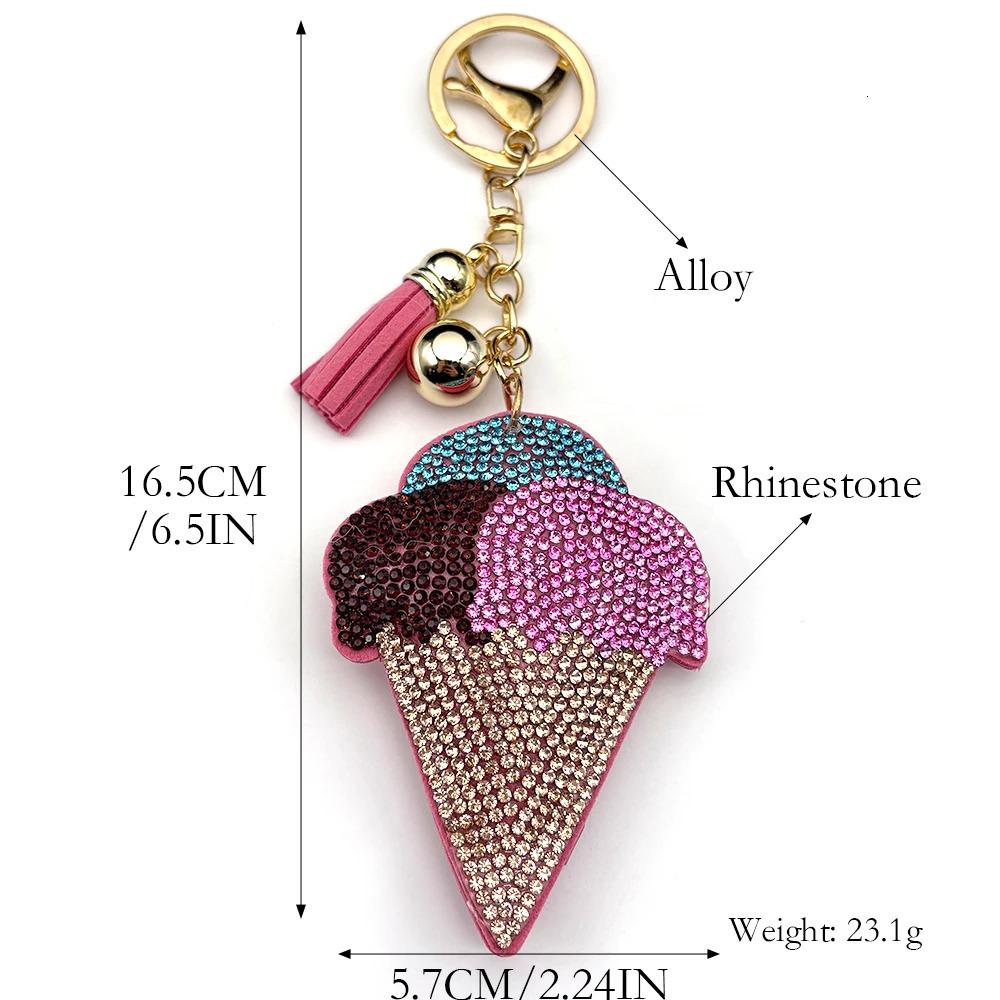 Sweet Three Balls Ice Cream Keychain For Women Men Tassel Rhinestone Pink Female Summer Bag Charm Hanging Kerholder Jewelry 250909