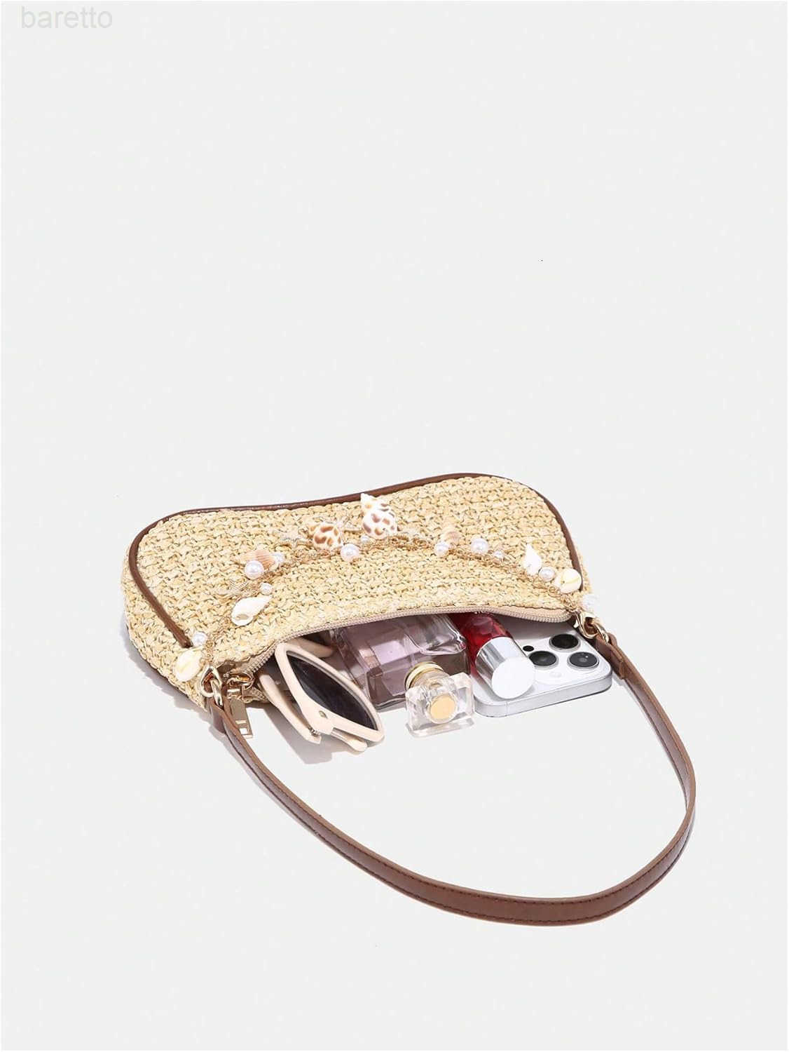 Womens Boho Seashell Pearl Beaded Straw Bags Zipper Single Strap Underarm Purses Z250909