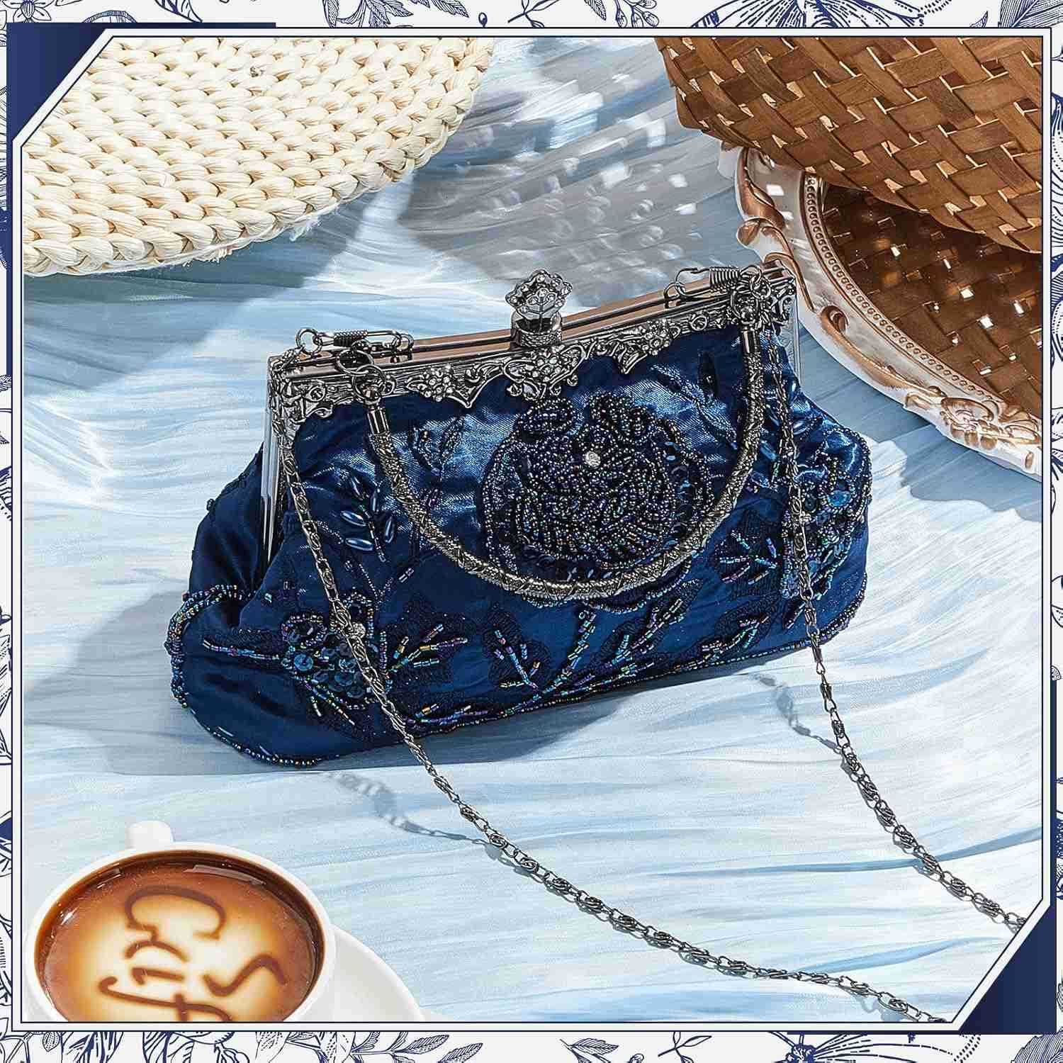 Beaded Clutch 86 x 52 x 28 Inch Vintage Embroidery Evening Bag Sequin Rhinestone Clutch Purse Floral Crossbody Bag Z25909