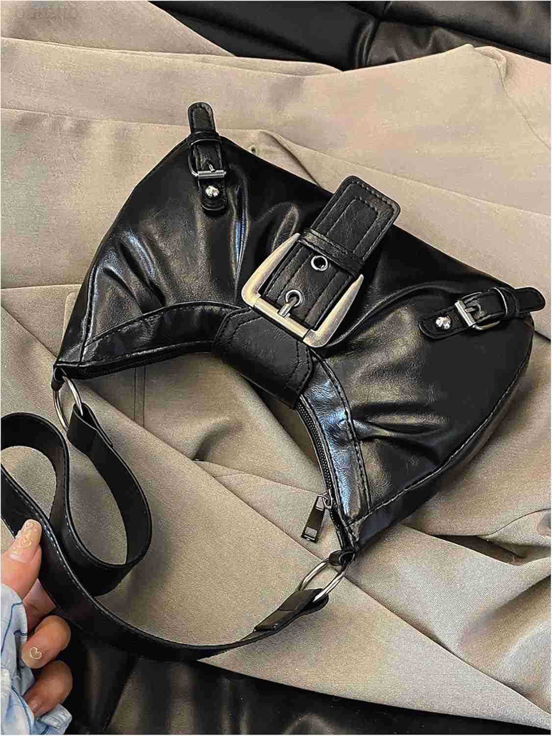 Womens PU Leather Ruched Shoulder Handbags Buckle Single Strap Punk Y2K Hobo Bags Z250909